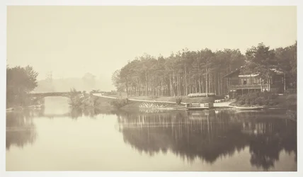 Sem título, c. 1850. [Ponte e chalé no Bois de Boulogne, um parque em Paris].