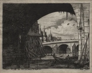 Água-forte de Paris: um arco da ponte de Notre Dame