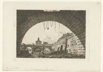 Gezicht op Pont-Neuf van onder boog Pont-au-Change em Paris A Pont Neuf e a Samaritaine sob o primeiro arco da Pont au Change
