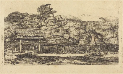 Celeiros indígenas e cabanas em Akaroa, península de Banks, 1845