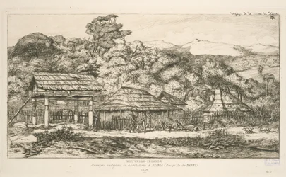 Espigueiros e habitações nativas em Akaroa, Península de Banks, ilustração de "Etchings of the Pacific".