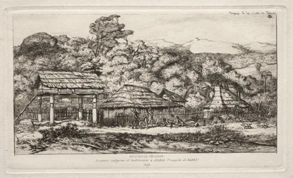 Celeiros e cabanas nativas em Akaroa, península de Banks, 1845