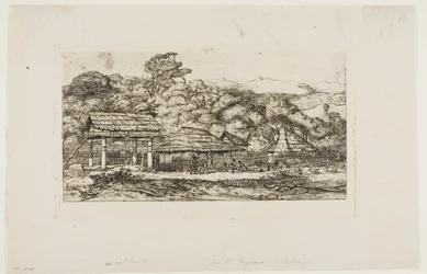 Celeiros e cabanas de nativos em Akaroa, Península de Banks, 1845