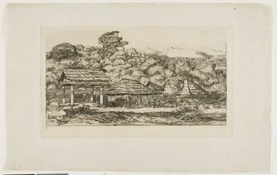 Celeiros e cabanas de nativos em Akaroa, Península de Banks, 1845