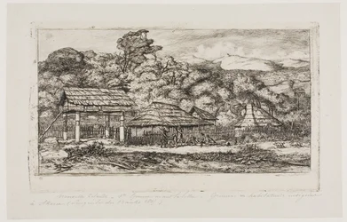 Celeiros e cabanas de nativos em Akaroa, Península de Banks, 1845
