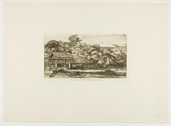 Celeiros e cabanas de nativos em Akaroa, Península de Banks, 1845