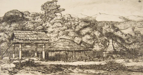 Celeiros e cabanas nativas em Akaroa, Península de Banks, 1845, 1860.