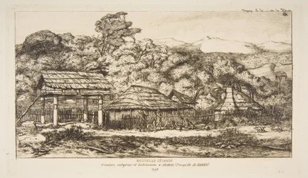 Celeiros e cabanas indígenas em Akaroa, Península de Banks, 1845, de «A viagem à Nova Zelândia (1842-46)»