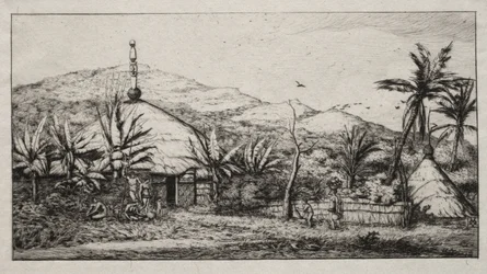 Nova Caledônia: Grande cabana nativa na estrada de Balade a Puebo, 1845