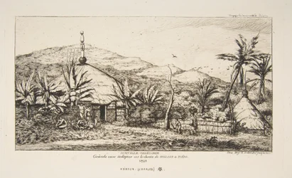 Nova Caledónia: Grande cabana indígena na estrada de Balade para Puebo, 1845, de "A viagem à Nova Zelândia (1842-46)"
