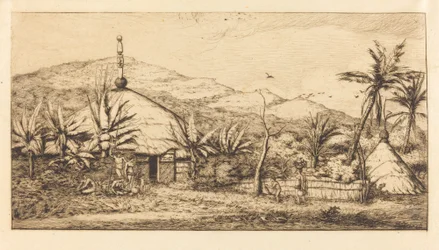 Nova Caledônia: Grande cabana nativa na estrada de Ballade a Poebo, 1845 (Nova Caledônia: Grande cabana nativa na estrada de Balade a Puebo, 1845)