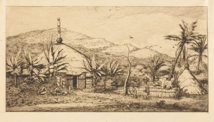 Nova Caledónia: Grande cabana indígena no caminho de Balade a Puebo, 1845