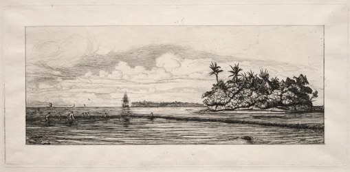 Oceania: Pescar perto de ilhas com palmeiras no grupo Uea ou Wallis, 1863.