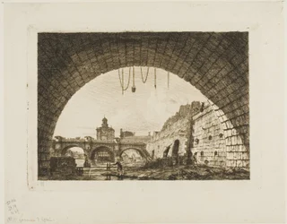Pont-Neuf e a Samaritaine vistos sob o primeiro arco do Pont-au-Change, Paris