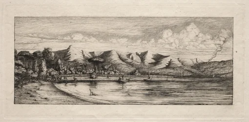 Seine que pesca fora do ponto dos queimadores de carvão vegetal, Akaroa, 1865.
