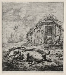 Três porcos na frente de um chiqueiro, 1850.