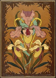 Forro de "Les Fleurs du Mal", de Charles Baudelaire, retratando uma serpente entrelaçada ao redor de uma íris