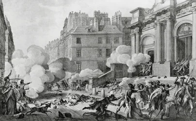 Napoleão Bonaparte (1769-1821) que rechaça a revolta Royalist em frente de Eglise Saint-Roch em Paris