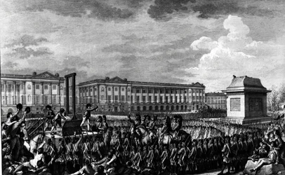 O dia de 21 de janeiro de 1793: A morte de Luís XVI (1754-93) na Praça da Revolução, gravada por Isidore Stanislas Helman (1743-1809) 1793