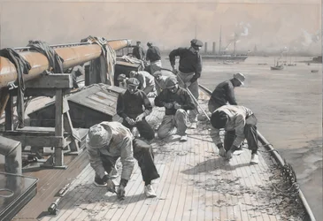Construção de um barco de corrida de 23 metros, raspagem da ponte de Brynhild. Desenho e lavagem (35x47,9 cm) de Charles M. Padday () , início do século XX.