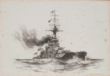O navio britânico Iron Duke. Desenho (25,5x36,8 cm) de Charles M. Padday () , início do século XX.