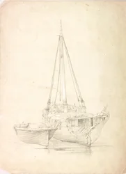 Velho barco de pesca e bote (bodycolour e lápis sobre papel)