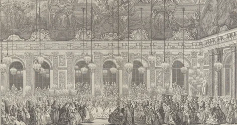 Decoração para um Baile de Máscaras em Versalhes, por Ocasião de t..., c. Reimpressão de 1860 da placa de 1764.