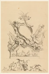 Design para Cartouche com Crown, Two Putti Servindo Baco e Dois Leões de "Cartouches Nouvellement Inventez"