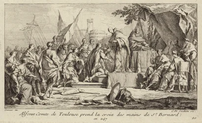 Alfons I, Conde de Toulouse, toma a Cruz da mão de Bernardo de Clairvaux, jurando juntar-se à Segunda Cruzada
