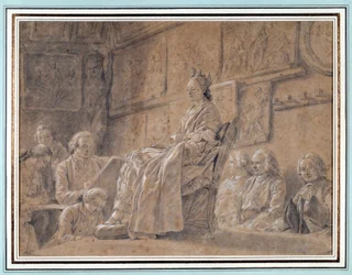 Competição para levar o chefe de expressão Diferentes artistas em uma oficina retratando uma modelo sentada em uma poltrona. Desenho de Ch. Nicolas Cochin (1715-1790) 1763 Paris. Museu Carnavalet