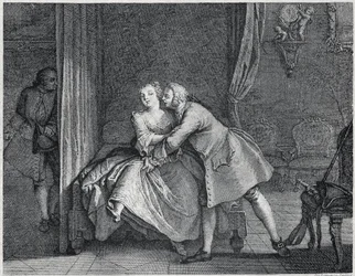 O auricultor e a ilustração do molde para Les contes de La Fontaine, cerca de 1743". gravura de Charles-Nicolas Cochin (1715-1790).