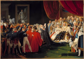 A Duquesa de Berry apresenta ao povo e ao exército o seu filho, o Duque de Bordeaux: Marie Caroline de Bourbon Sicily, Duquesa de Berna, apresenta o seu filho Duque de Bordéus ao povo e ao exército, na presença do Rei Luís XVIII, rodeia