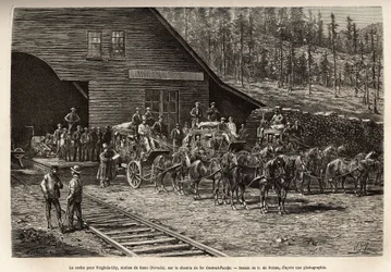 A estação de Reno, para levar o carrapato para Virginia City (Nevada), na Central Pacific Railway (Pacífico Central), gravada após o desenho de O. de Penne, ilustrando a viagem de Washington a São Francisco, em 1868, por L. Simonin, publicada em "Le t