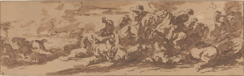 Batalha de cavalaria perto de um rio