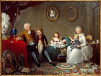 A família de Jean Pierre Dourcet da família realista nobreza na época da Revolução. Uma flor de lírio é colocada sobre a mesa e os bustos do rei e da rainha. Pintura de Charles Landon (1760-1826) Século XIX Grenoble Musee des Beaux Arts