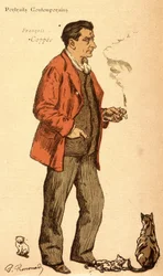 François Coppée fumando um cigarro e com gatos