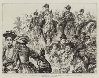 As manobras militares, uma carga dos 8º hussardos dispersam a multidão