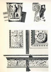Decoração com águias, rosetas e folhas de acanto para o Arco do Triunfo do Carrossel, de Charles Percier (1764-1838) e Pierre Francois Leonard Fontaine (1762-1853), gravura de Louis Pierre Baltard (1764-1846), detalhe, França