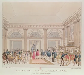 A descida do Imperador e da Imperatriz da carruagem sob o vestíbulo do Palácio das Tulherias no dia do seu casamento