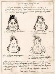Croquades feitos na audiência de 14 de Novembro - desenho animado Louis Philippe em pêra por Charles Philipon (1800-1862) - 1832 - (Louis-Philippe transformando-se gradualmente em pêra)