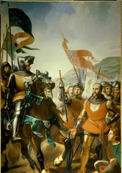 Guerra dos Cem Anos (1337-1453): detalhe da "Batalha de Cocherel, perto de Evreux, ganha por Bernard du Guesclin (1320-1380) sobre as tropas do rei de Navarra, o 16/05/1364" Pintura de Charles Philippe Lariviere (1798-1876) por volta de 1837 Sol. 4,2x2,6 m