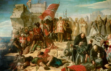 Levante-se da sede de Malta. A cidade foi sitiada pelo General Ottoman Mustapha em Setembro de 1565. Sobre o quadro Don Garcie de Toledo, Vice-Rei da Sicília lidera a operação. Pintura de Charles Lariviere (1798-1876)
