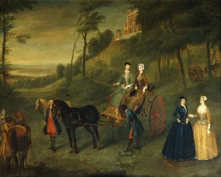 Damas e damas de honra em Greenwich Park: um retrato de grupo de Juliana, duquesa de Leeds, lady Charlotte Hamilton, lady Isabella Tufton e Henrietta, condessa de Pomfret, todos usando hábitos de cavalgar, com noivo e cavalos em frente ao observatório, 173