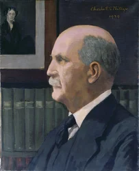 William Henry Bragg (1862-1942) com uma foto de Michael Faraday (1791-1867) ao fundo, 1939