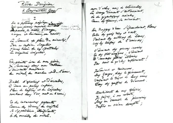 Poema de autógrafos "Reve Parisien" (caneta e tinta sobre papel) (foto a p/b)