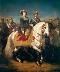 Desfile militar revisado pelos reis Isabella II da Espanha
