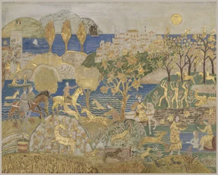 Hill Town, c.1928 (tempera, grafite e folha de ouro em painel inciso e gesso)