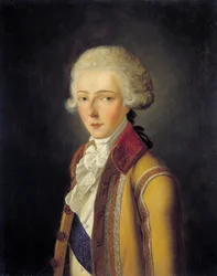 Retrato de Louis Antoine Henri de Bourbon-Conde, Duque de Enghien (1772-1804) - retrata por volta de 1788, vestindo a libré de caça de barriga de corça “da Casa do Conde””. Pintura de Charles Rauch (1791-1857) 1836. Dim. 0,65x0,54m. - Retrato de Louis-Anto