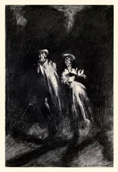 Atirou a luz de uma vela sobre os seus passos" do "Strange Case of Dr Jekyll and Mr Hyde" de Robert Louis Stevenson (1850-1894) ilustrado por Charles Raymond Macauley (1871-1934)