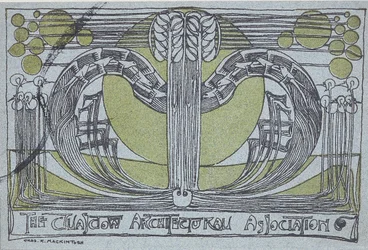 Programa Conversazione para a Associação Arquitetônica de Glasgow, 1894 (linogravura impressa em preto e verde em papel azul claro)